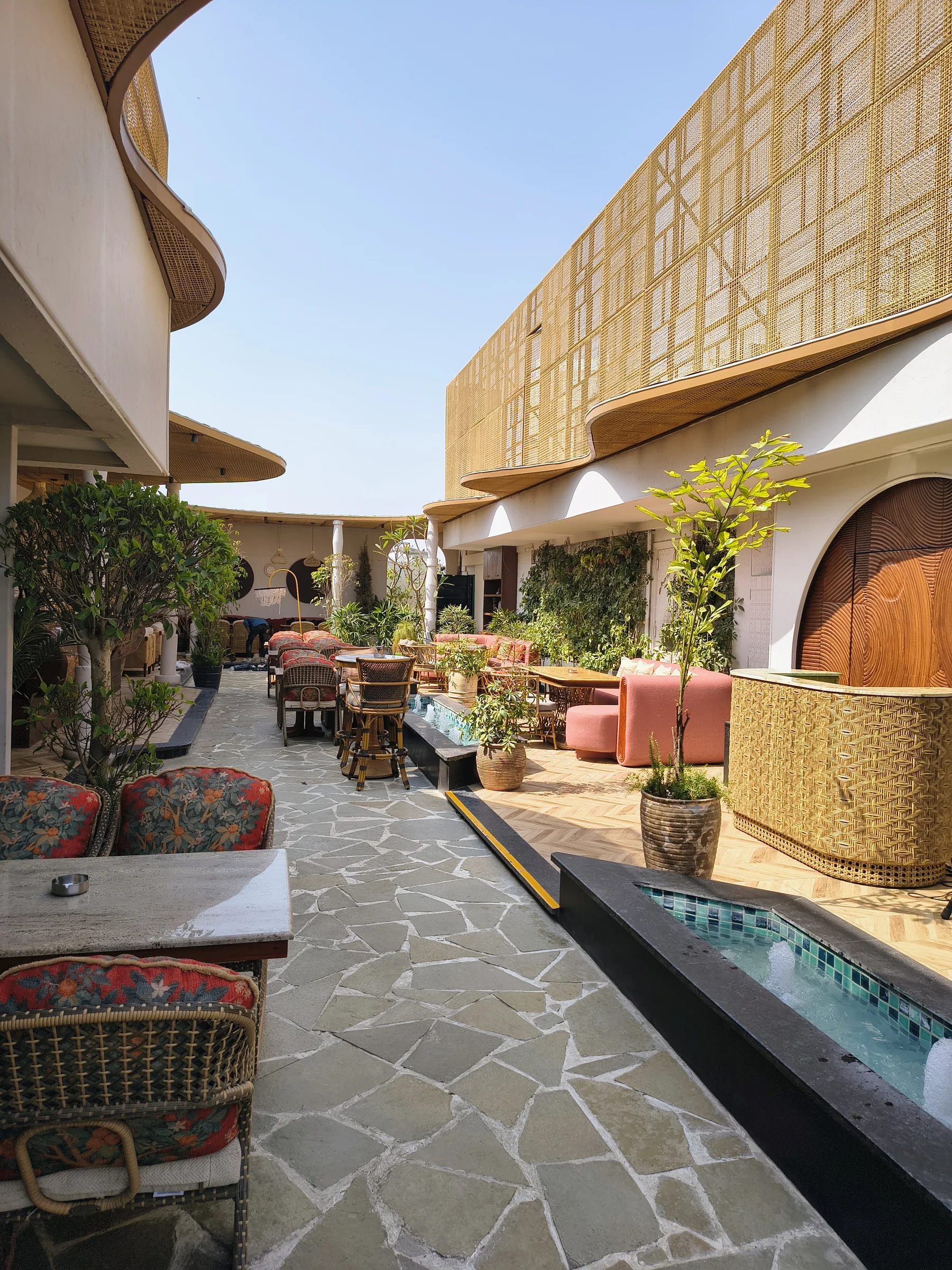 Landscape planting and water feature at a premium restaurant in Delhi